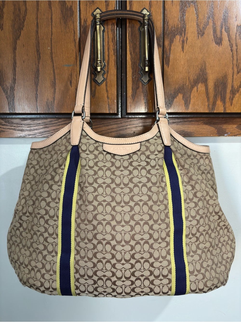 Coach Shoulder Tote Tan Leather Trim Signature C Canvas Slouchy Hobo